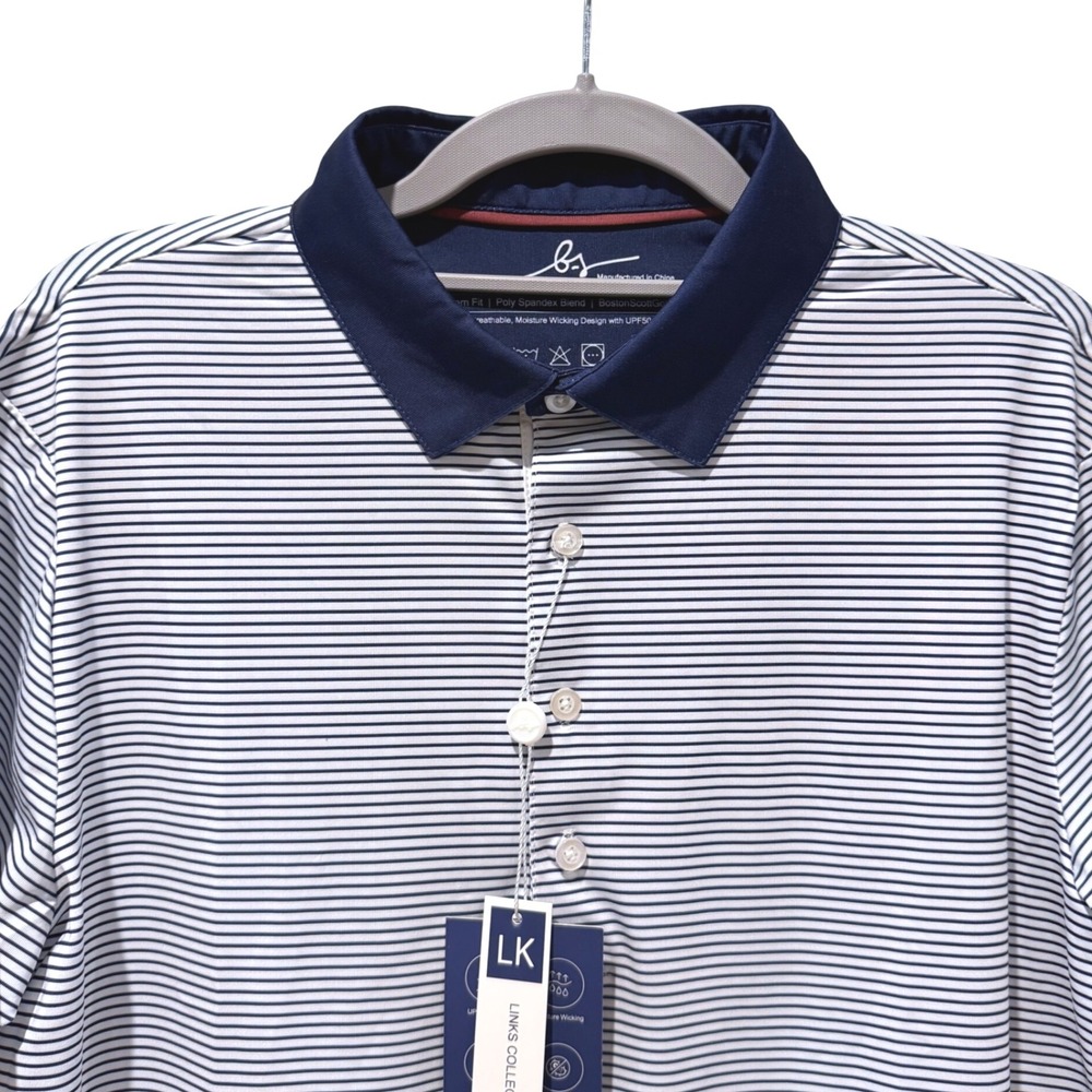 Boston Scott Golf Polo‎ Shirt Navy Stripe Moisture Wicking UPF50 Mens Small